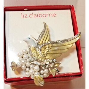 Vintage Liz Claiborne Rhinestone & Pearl Dove of Peace Brooch/Pin New In Box